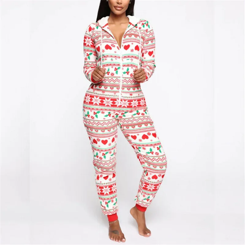 

Women's Christmas Jumpsuit Auutmn Winter Warm Long Sleeve Pajamas Printed Sleepwear Xmas Hooded Nightwear Jumpsuit Pyjamas 2020