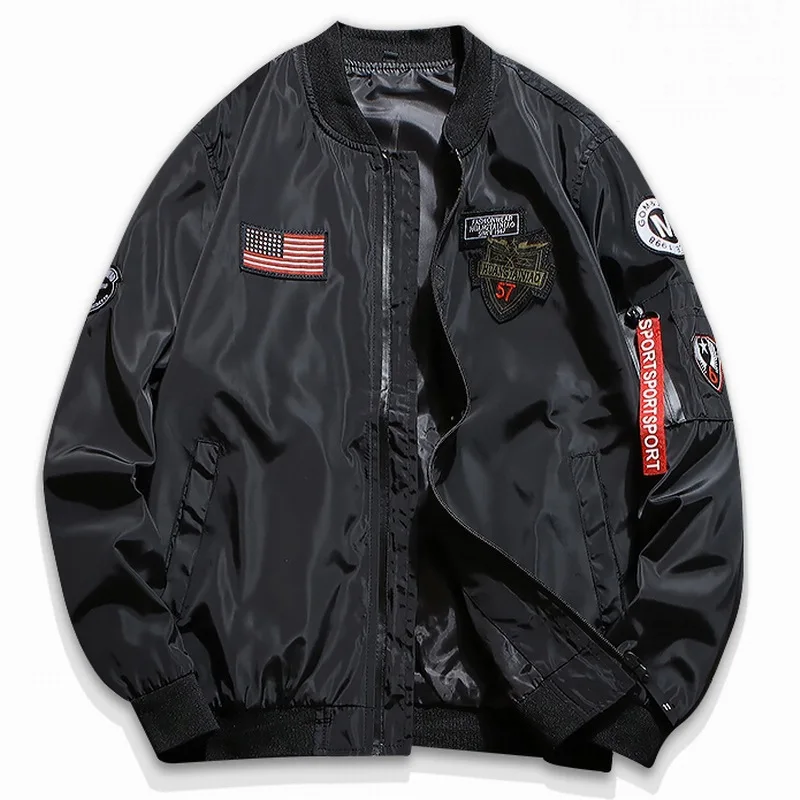 

Army Green Pilot Jacket Men Fashion Embroidery Patch Designer Pilot Jacket Ribbon Zipper Pocket Baseball Uniform Men's Jacket