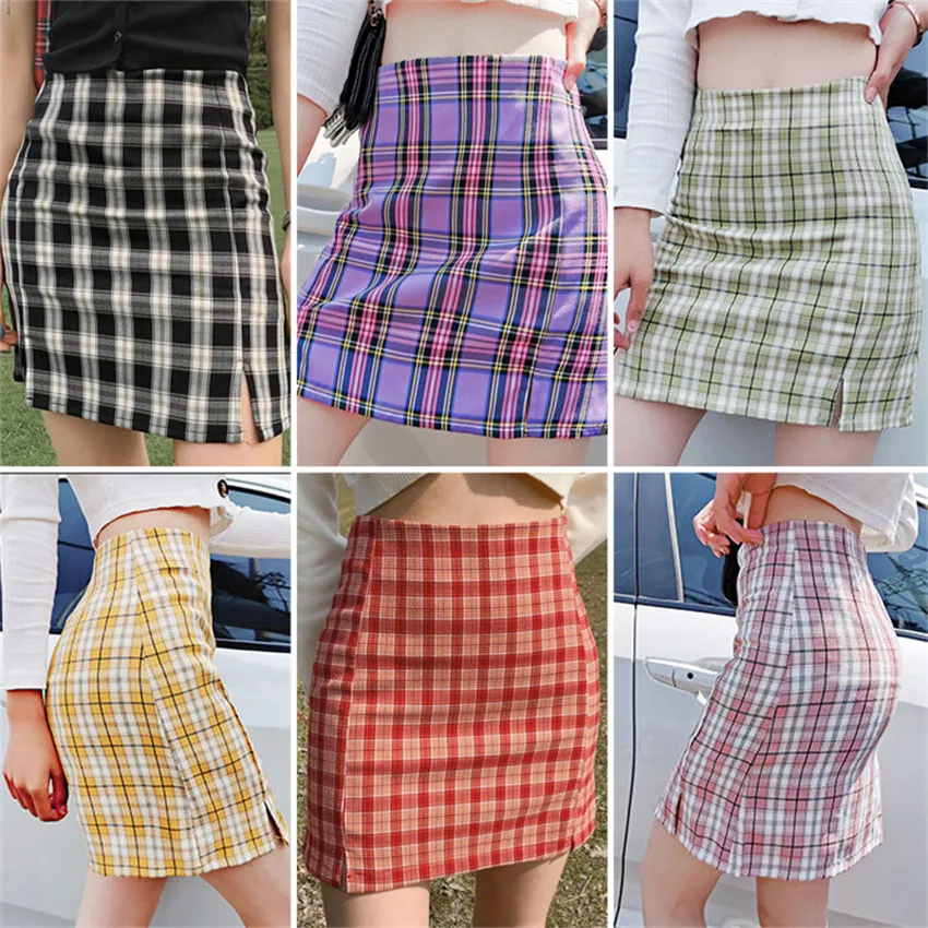 Vintage Plaid Side Split Bodycon Mini Skirt Women Bottoms Streetwear Casual A Line Basic Ladies Sheath Skirts Jupe Femme