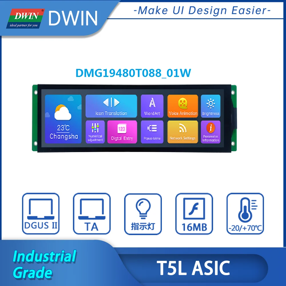 

Dwin 8.8-inch 1920*480 Pixels Resolution 16.7M Colors HMI Intelligent Display IPS-TFT-LCD TTL RS232 Screen DMG19480T088_01W