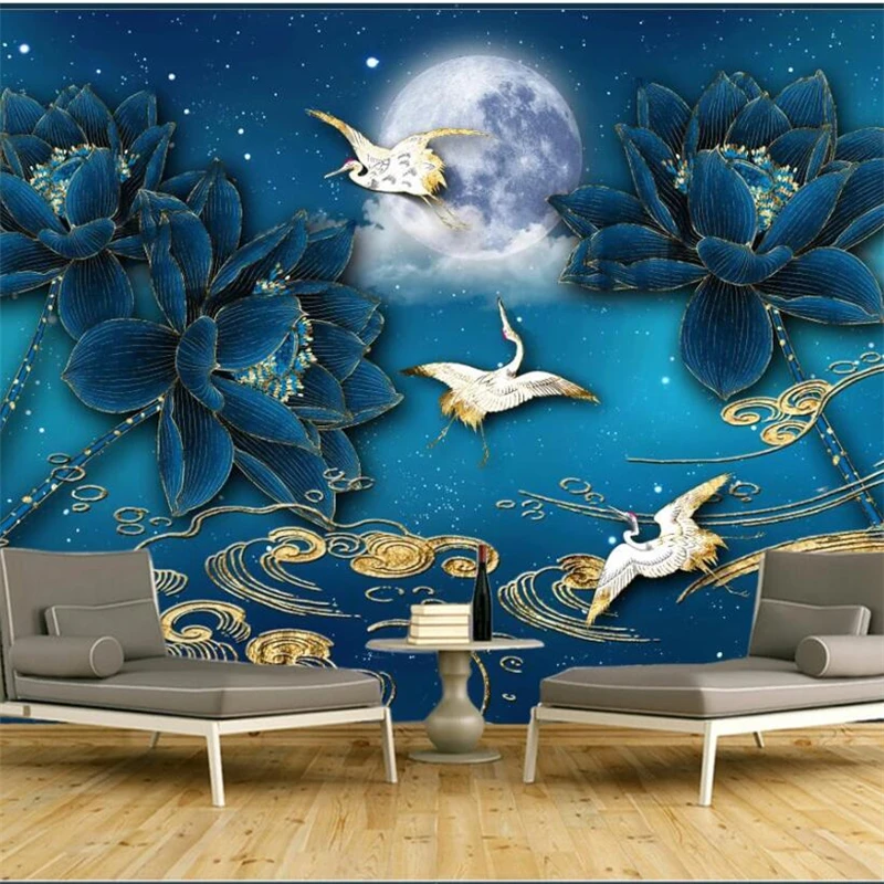 beibehang Customized large mural new Chinese style national tide golden blue lotus TV background wall wallpaper | Обустройство дома