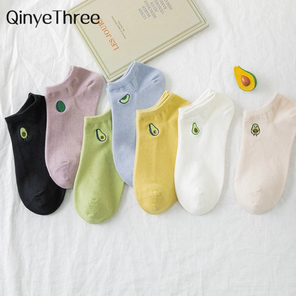 

Women Solid Avocado Embroidery Socks Casual Joker Cotton Short Socks For Ladies Concise College Style Breathable Sox Trendy