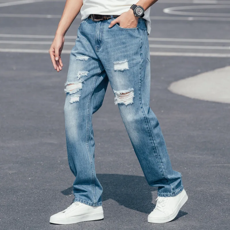 New Fashion Ripped Men Jeans  Pants Summer Thin Section Big Size Breathable Straight Leisure Blue Tattered Denim Trousers