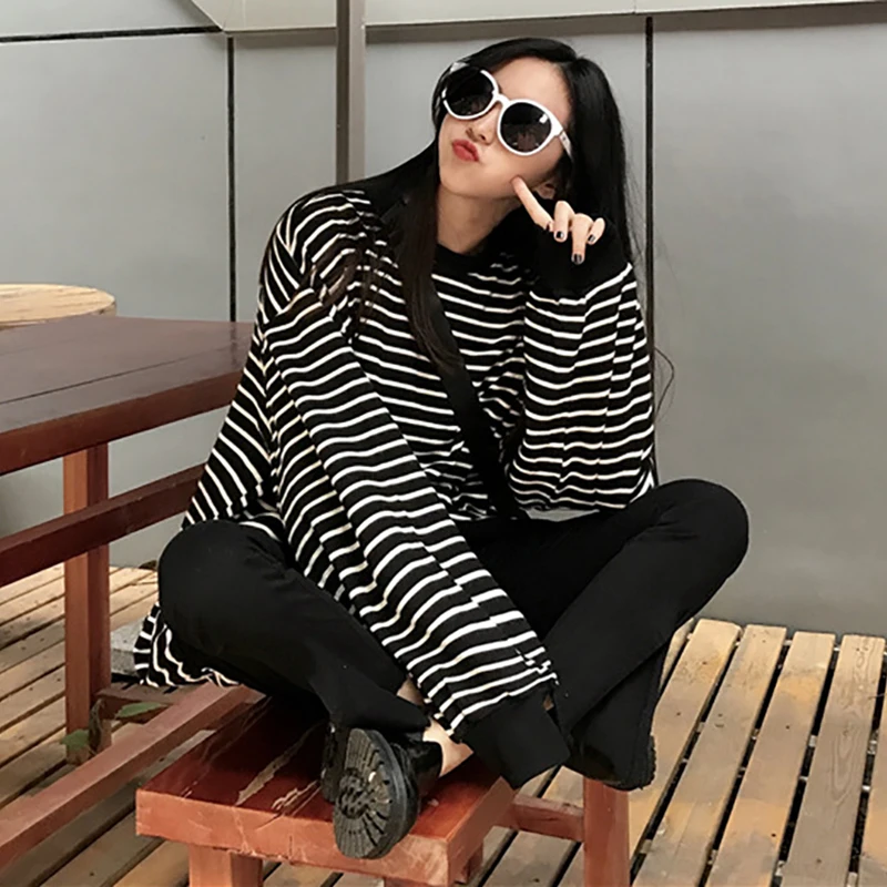 

Autumn Winter New Thin Section Loose Lazy Wind Stripes Long Sleeve Pullover Women Tops Hot New
