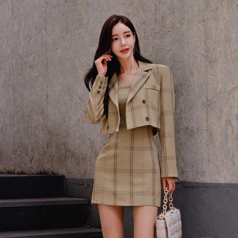 

Elegant Korean Plaid Notched Collar Blazer Coats + Sleeveless Sheath Mini Dress Set Two Piece Tracksuit Plus Size Vintage D238