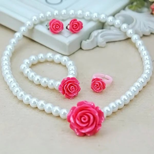 Kids Girls Child Pearl Flower Shape Necklace + Bracelet Ring Ear Clips Jewelry Set SER88 | Украшения и аксессуары