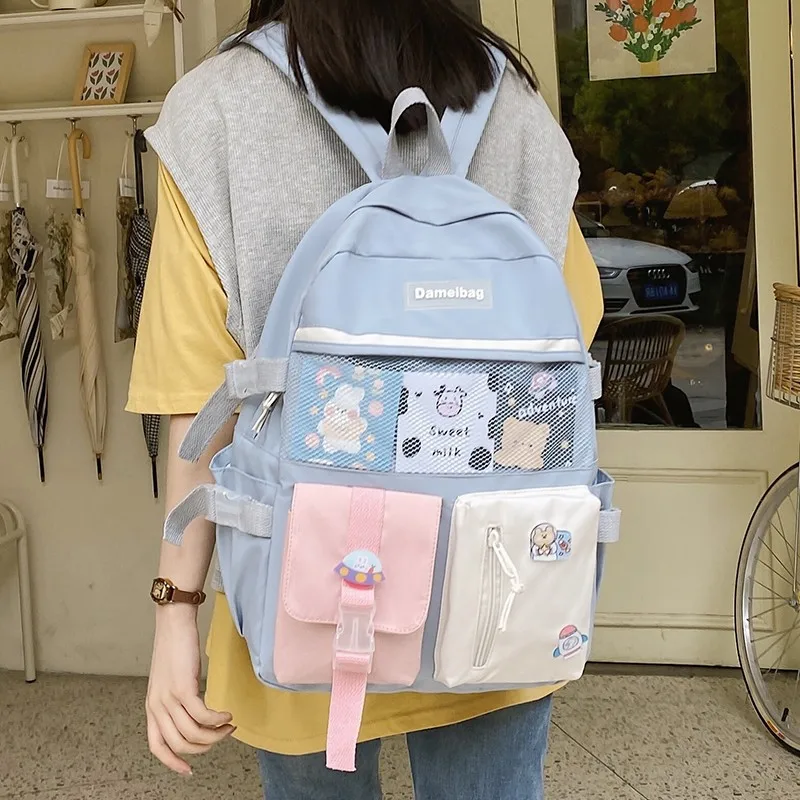 Модный женский нейлоновый рюкзак, милый школьный ранец контрастных цветов для девочек, водонепроницаемые вместительные рюкзаки со множест...