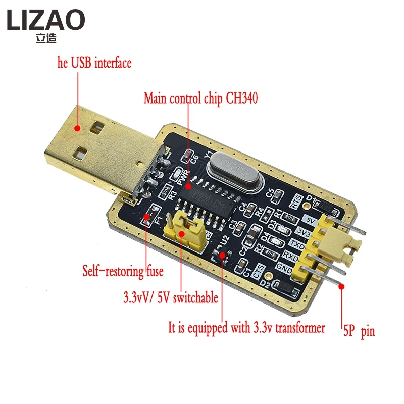 Плата микроконтроллера CH340 с USB на TTL CH340G небольшая пластина для щетки проводом