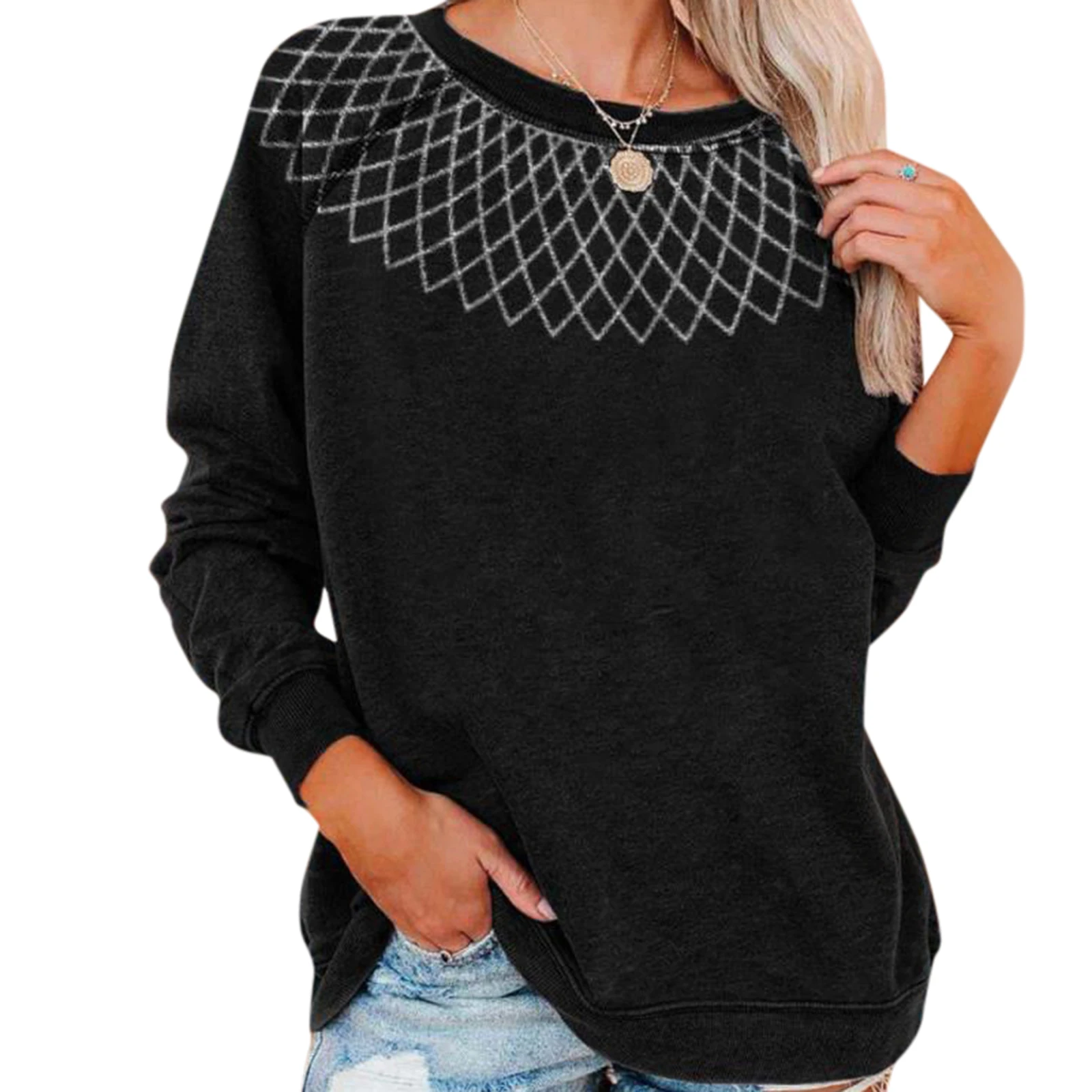 

Women Long Sleeve Casual Pullover Tops Round Neck Gray Print Sweatshirt TC21