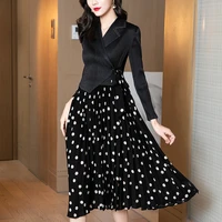 likyims early sping print polka dot dress black fake two piece polo neck patchwork lace up office lady elegant red chiffon dress