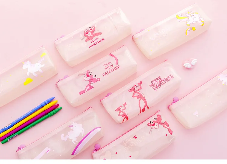 Милая Розовая пантера школьный Карандаш Чехол Kawaii Единорог пенал для карандашей прозрачный силиконовый карандаш спальные мешки для малышей подарок корейские канцелярские принадлежности