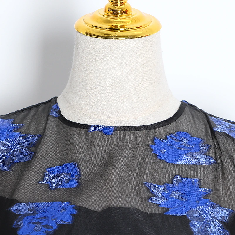 TWOTWINSTYLE Print Perspective Mesh Dresses Female O Neck Puff Long Sleeve High Waist Ruffle Mini Dress Women 2020 Clothing Tide | Женская