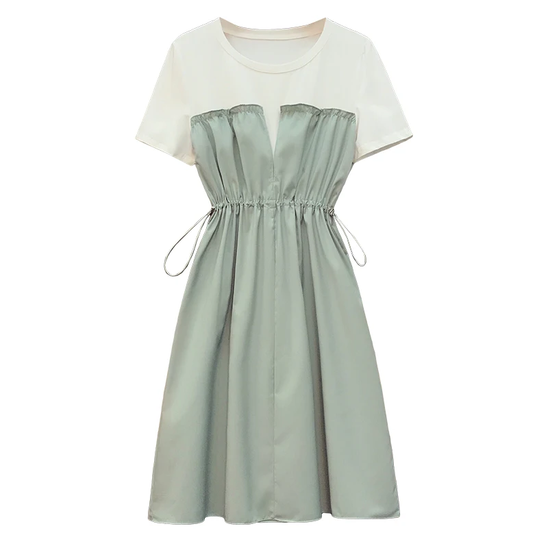 

4XL Plus Size 2021 Summer Casual A Line Dress For Women Patchwork Elastic Waist Drawstring Short Sleeves Ladies Dresses Oversize