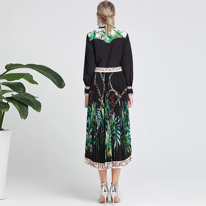 

European and American Elegant Stitching Green Leaf Print Black Pleated Skirt New Women's Lapel Long Sleeve Long Dress