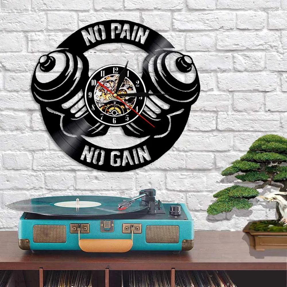Тренажерный Зал Настенные часы тренировки гантели силуэт виниловая Запись без