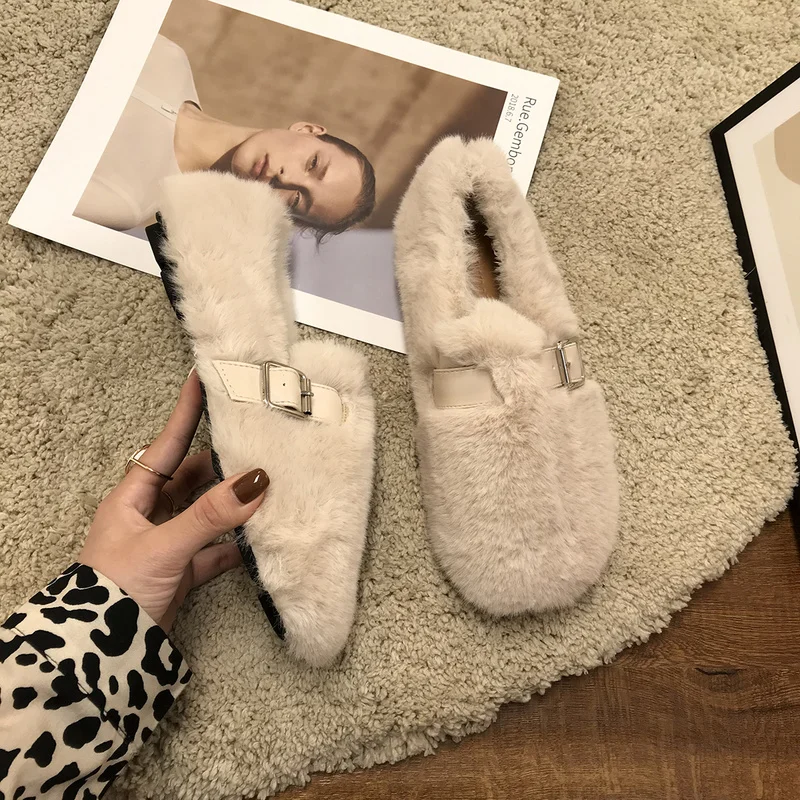

Женские плюшевые туфли-лодочки, однотонные туфли из меха норки на плоской подошве, новый стиль, зима 2021