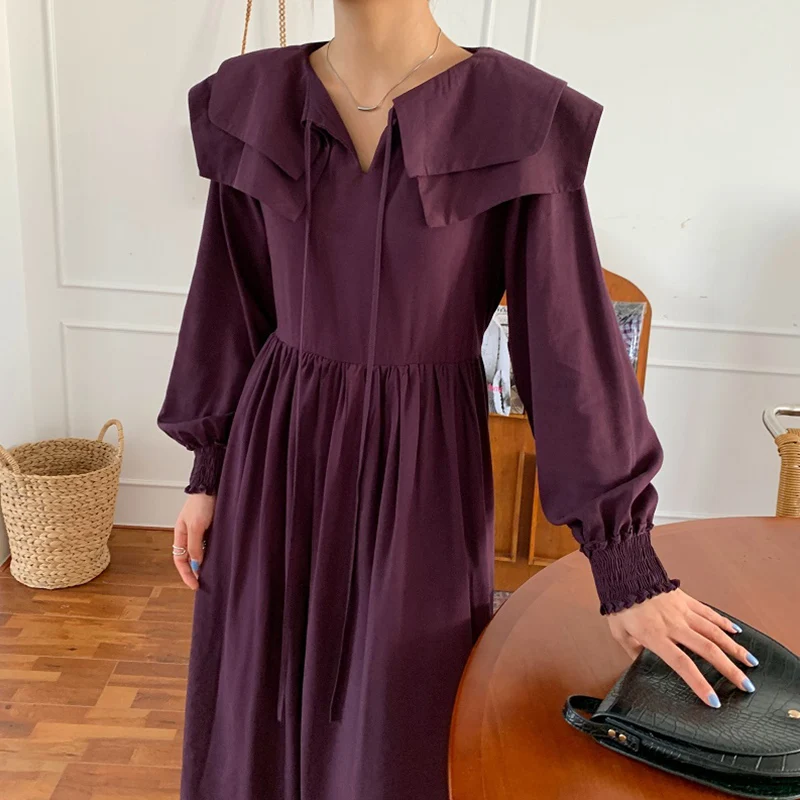 

2021 винтажные свободные однотонные осенние хипстерские длинные платья с воротником «Питер Пэн» шикарные Элегантные новые женские платья во...