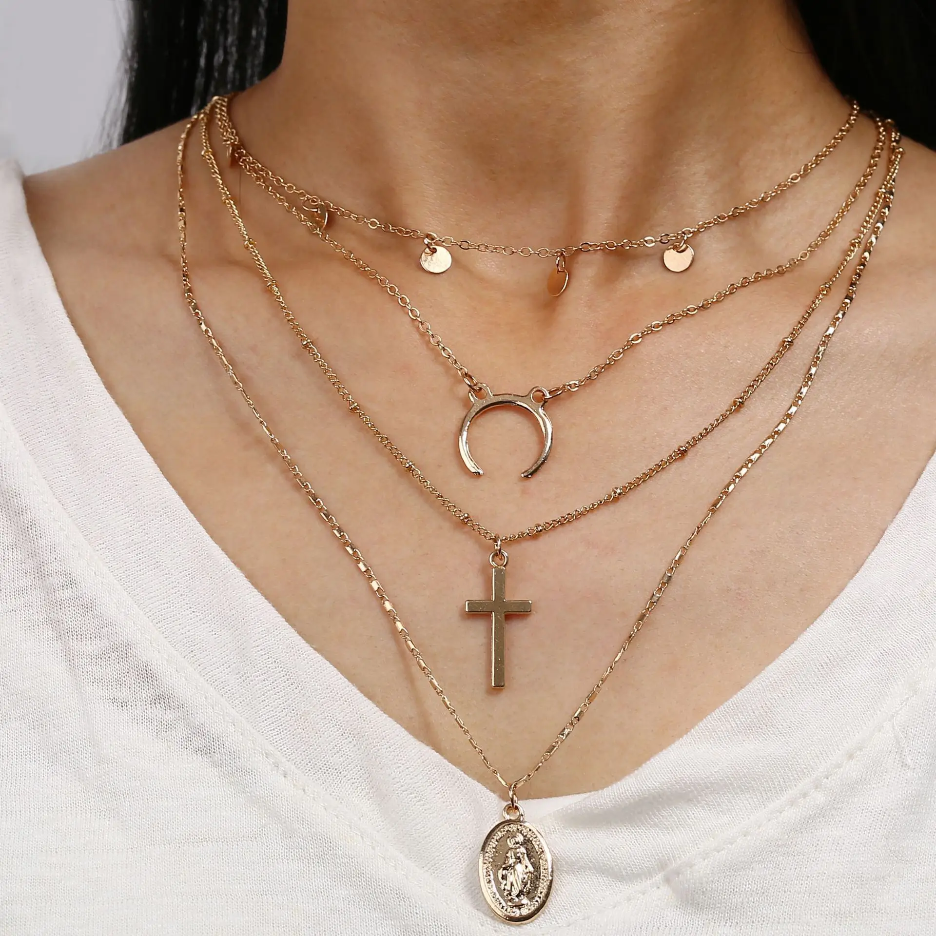 

Cross Necklace Women Virgin Mary Pendant Multilayers Punk Chains Couple Olivet Hip Hop Geometric Metal Pendant Shell Necklaces
