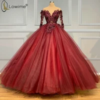 2020 burgundy appliqued long sleeve evening dresses sheer o neck middle east robe de soiree prom party gowns
