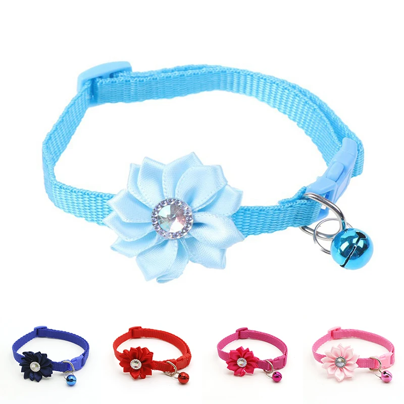 Pet Cat Collar With Bell Adjustable Flower Crystal Dog Easy Wear Buckle Lovely Pets Decor Accessories Dogs Cats Necklace | Дом и сад