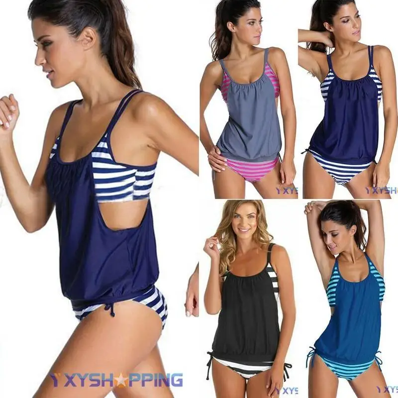 

Women Lace Up Striped Bikini Set Two Piece Solid Color Swimsuit Summer Beach Swimwear