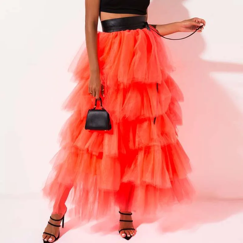 

Orange Tulle Maxi Skirt Tiered Draped Tutu Long Prom Skirts High Low Elastic Waist Wedding Guest Women Skirt On Sale