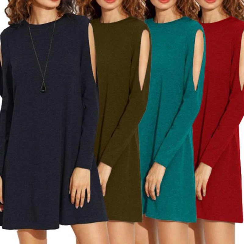 

Long Sleeve Slit Womens Cold Shoulder Dress Solid Sexy Office Wear Dress Loose Sukienka Plain Plus Size Elegant Dress Mini 2021
