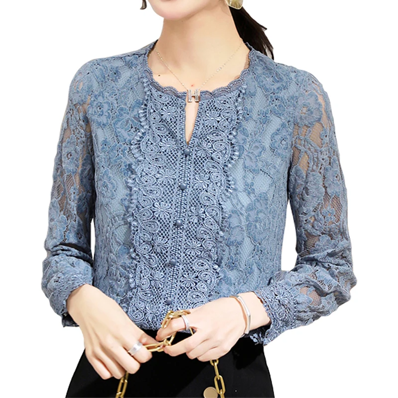 

Femininas Lace bottom Women Blouse Shirt harajuku Floral Blusa Long Sleeve Spring 2021 New V-neck Lace Pullover Women Tops 620B