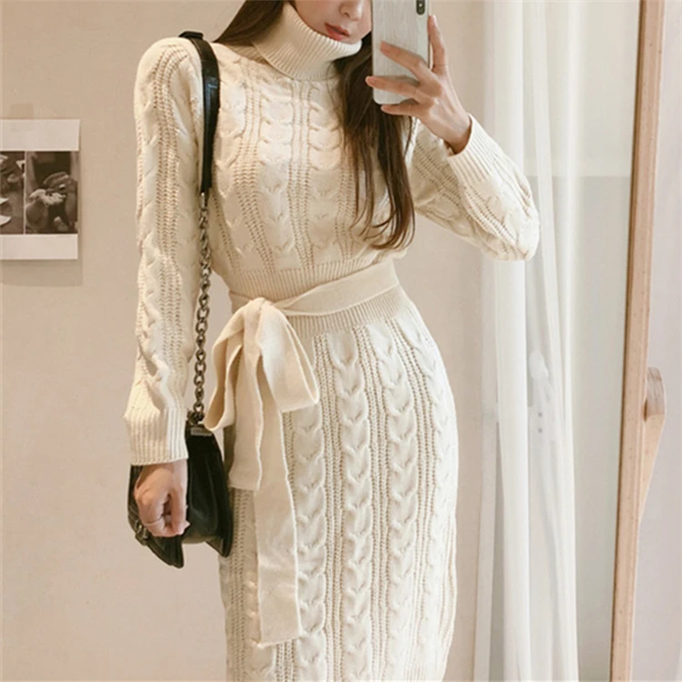 

New 2022 Autumn Winter Women Dresses Sashes Bow Turtleneck Straight Warm Sweater Elegant Casual Office Ladies