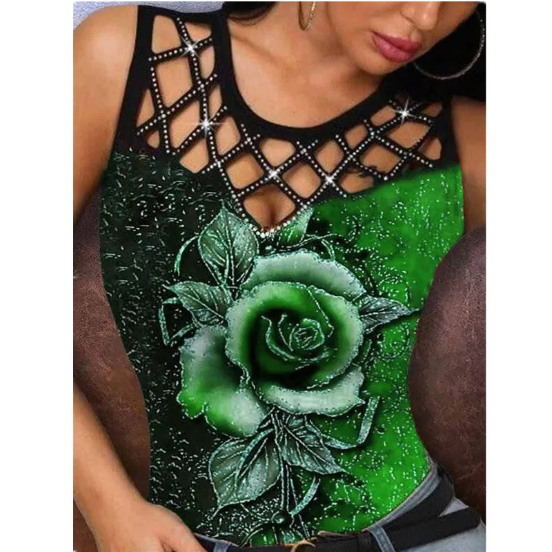 

2021 Summer Women's New 3D Rose Hollow Print Sleeveless Sexy Round Vest Neckline Gradient Top
