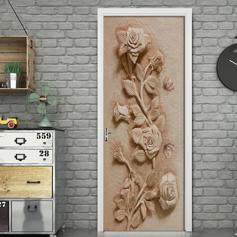DIY Наклейка на дверь 3D рельефная Роза роспись бабочками для гостиной спальни