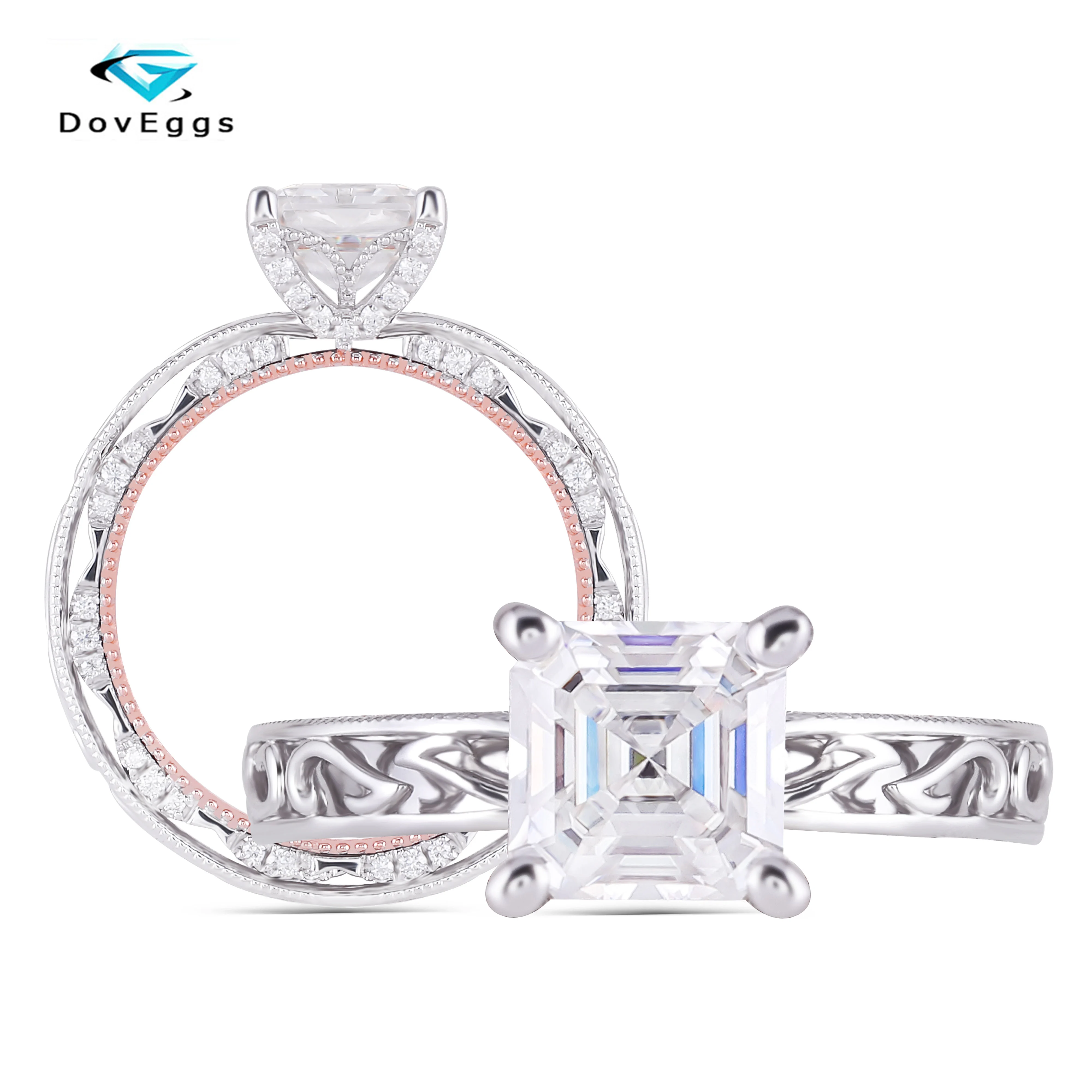 DovEggs 14K 585 двухцветное обручальное кольцо 6*6 мм Asscher Cut F/цвет GH Moissanite женское с