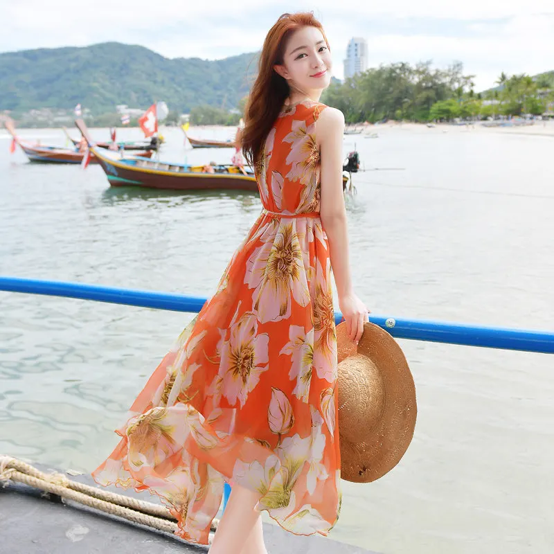 

Women's summer Orange floral chiffon dress V-neck sleeveless sweet skirt