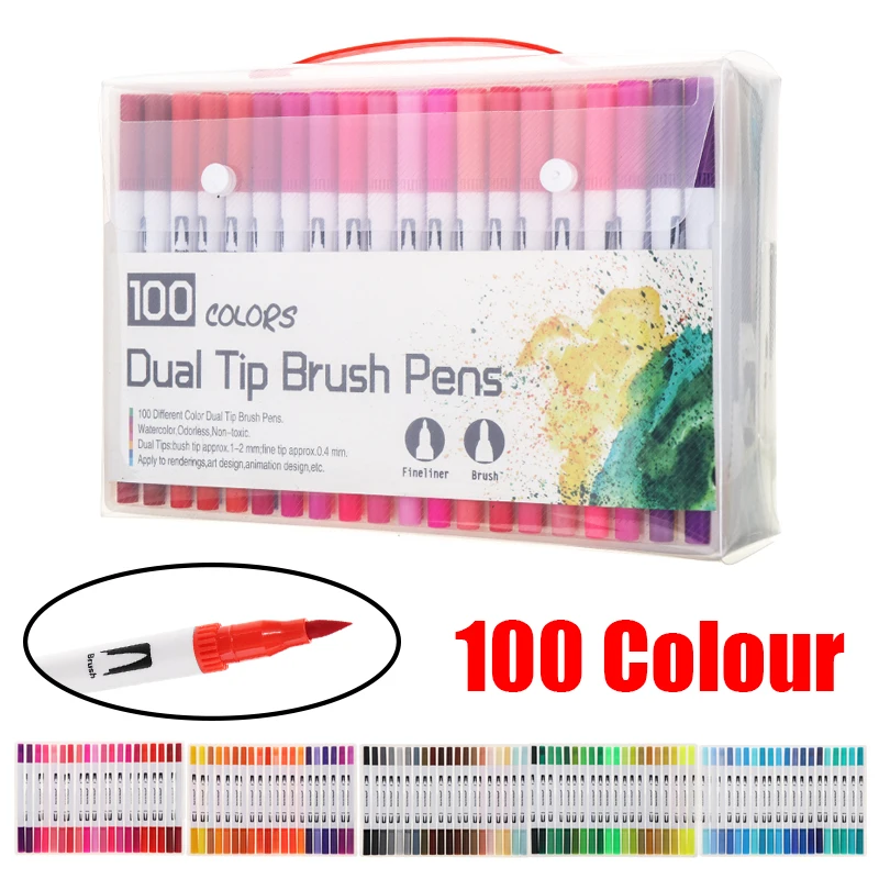 

100pcs Coloring Graffiti Marker Pens Dual Tip Head Drawing Pen Brush Children Kid 100 Colors Art Painting Watercolor Pen Gift