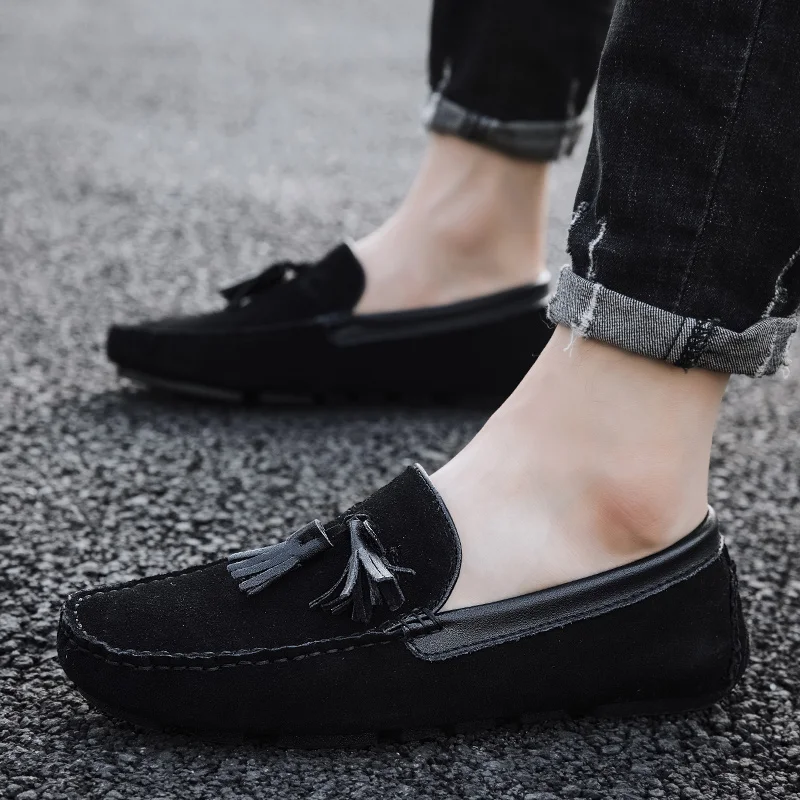 Genuine Leather Men's Loafers Quality Suede Tassel Moccasins Men Breathable Slip On Boat Shoe Male Penny Large Size | Обувь