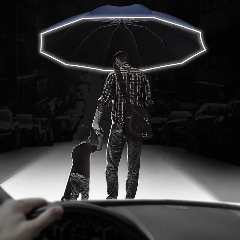 Ветрозащитный складной автоматический зонт с отражающими полосками большие