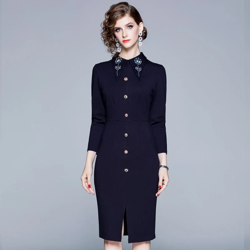 Осеннее винтажное платье до колен с вышивкой бисером воротником пуговицами и