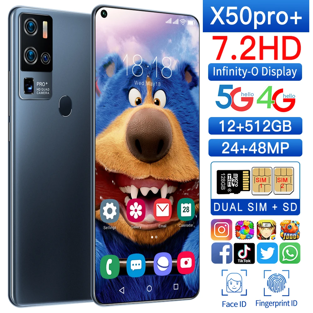 

Newest Cheap Phone X50Pro+ 5G 7.2Inch Smartphone 5800mAh Battery 24+48MP Dual SIM 12+512GB Snapdragon 888 HUAWE Mobile Phone
