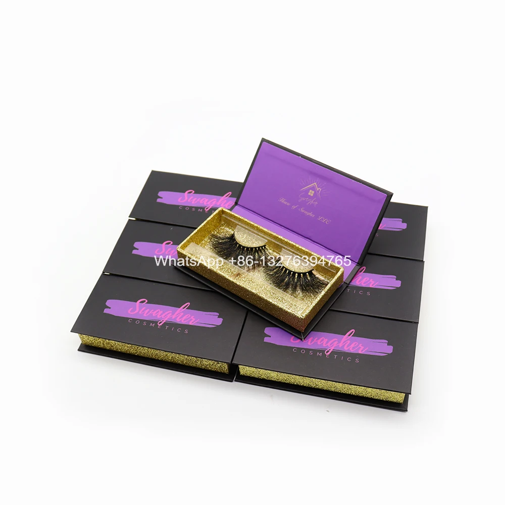 

Luxury Gold Glitter Black Mink Lash Case Made Natural Long Mink Lashes High Quality False Lashes Custom Lashbox Packaging