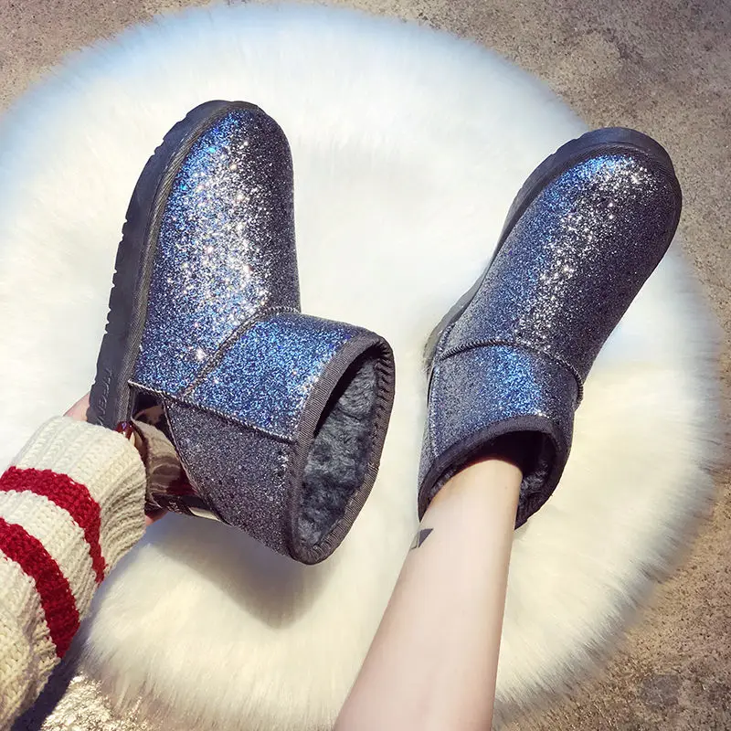 Женские блестящие зимние ботинки новинка 2019 короткие плюшевые женские теплые