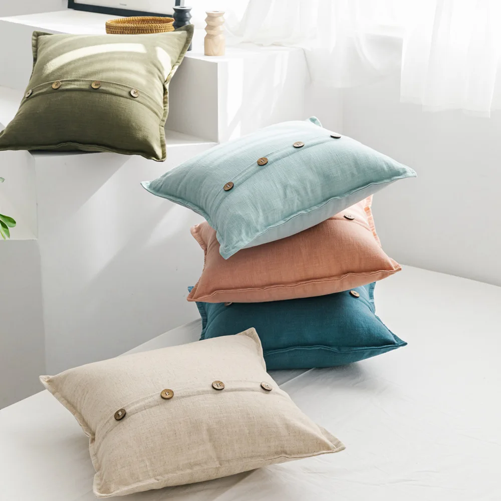 

45X45CM simple plain color cotton linen cushion cover pillowcase sofa wooden buttons pillow cover lumbar pillow case