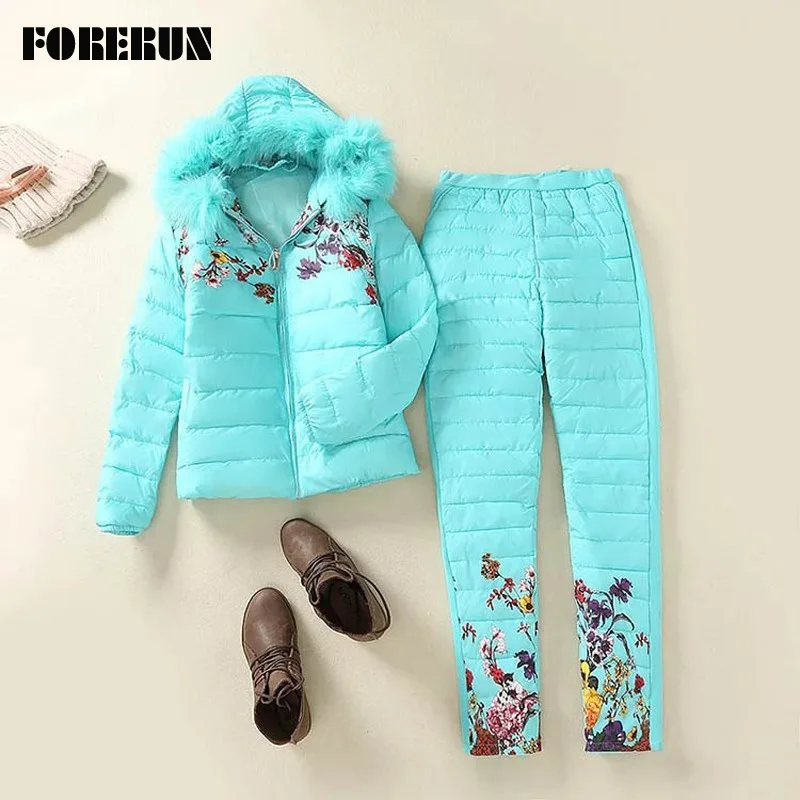 FORERUN куртка женские зимние меховые костюмы парки с капюшоном комплект из 2