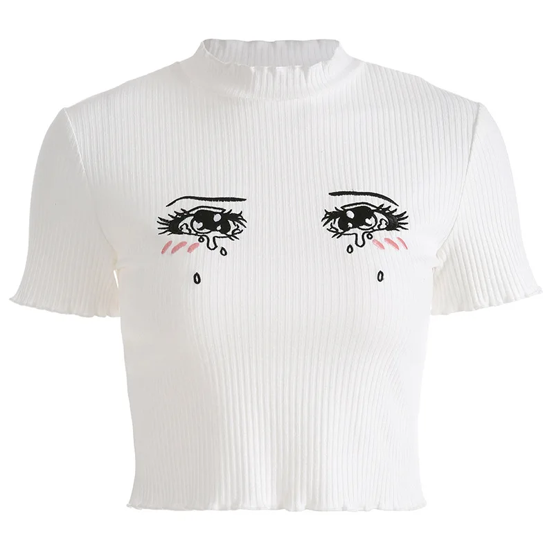 

2020 New Cute Eyes Embroidery Women O-neck Short Sleeve Crop Tops