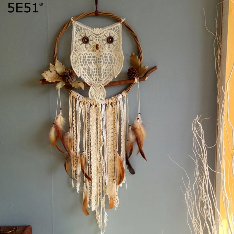 Ручная работа Ловец снов брикет свисающая обруч из ротанга перо совы украшение