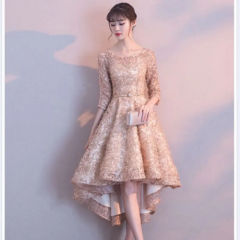 

Evening dress Champagne Women Annual Meeting Dress Elegant Lace Floral Half Sleeve Cheongsam Slim Dresses Gown Female sn xm