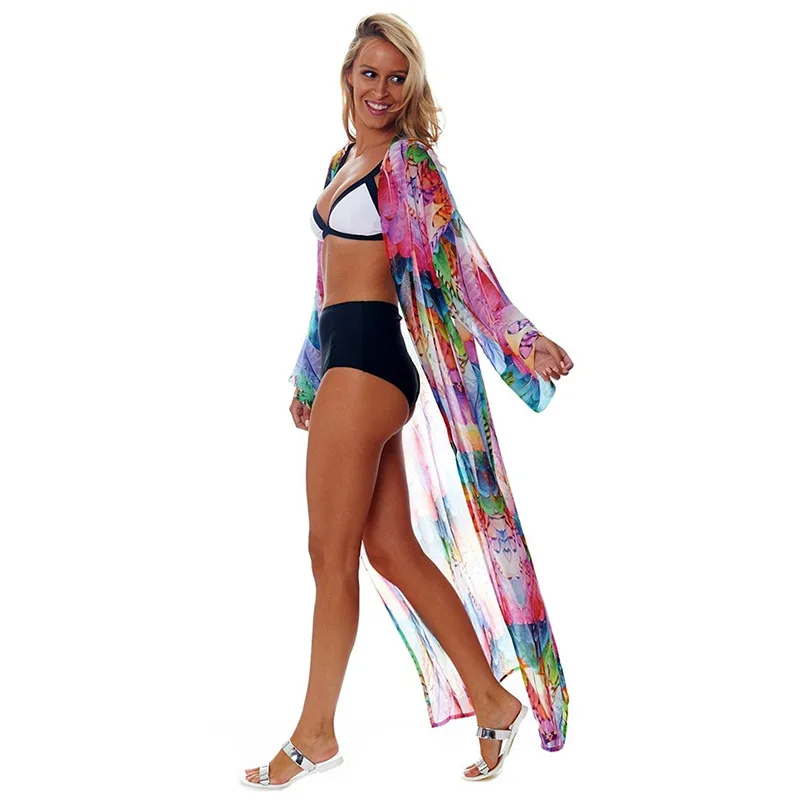 Пляжная накидка туники для пляжа с принтом шифон длинный кафтан бикини халат de