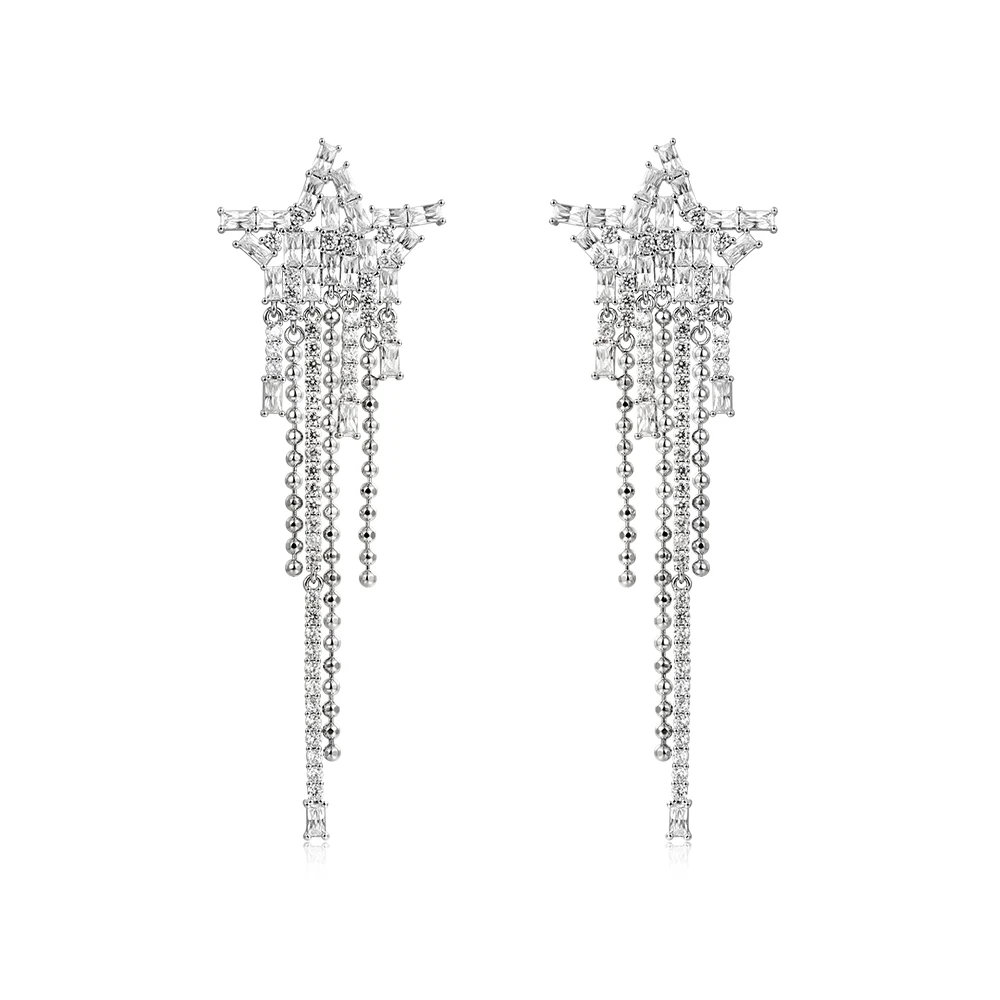 

Irregular advanced sense waterfall psychic tassel diamond chain pentagon star earrings long earrings