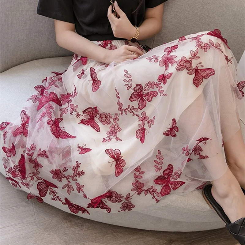 Женская фатиновая юбка с вышивкой бабочек REALEFT длинная шикарная юбка-трапеция