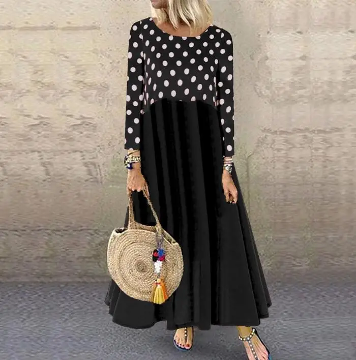 Женское винтажное платье Boho с длинным волнистым принтом рукавом и круглым