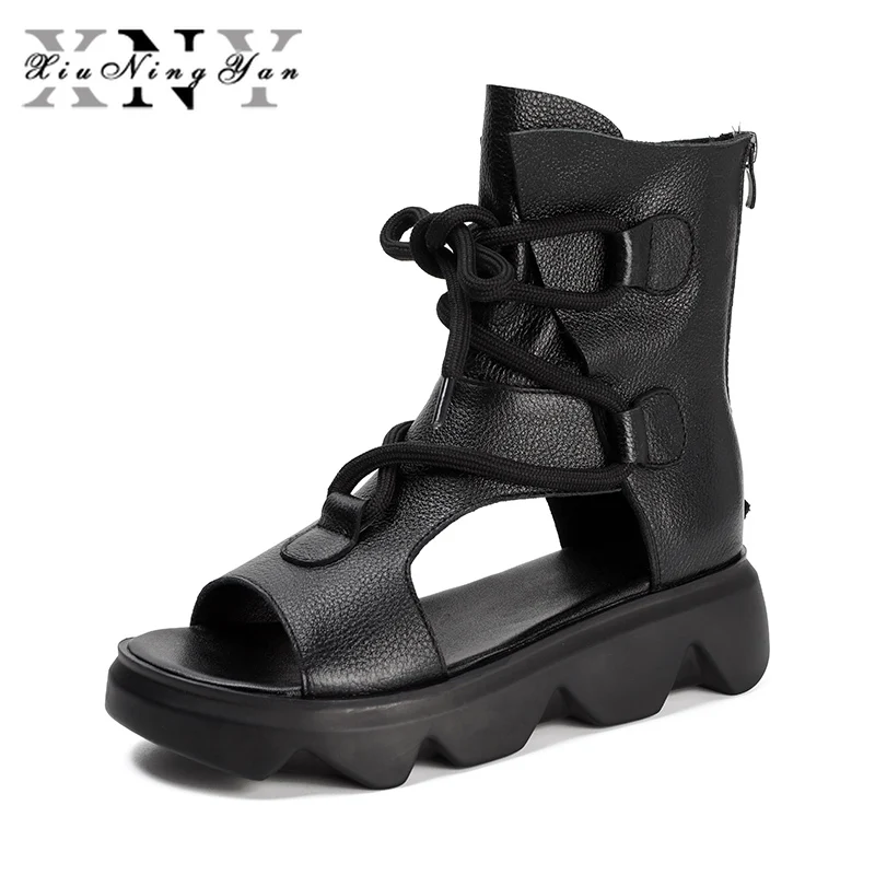 

Xiuningyan Genuine Leather Women Sandals Soft Leather Martin Boots Spring Summer Boots Round Toe 2021 Retro Party Shoes Woman